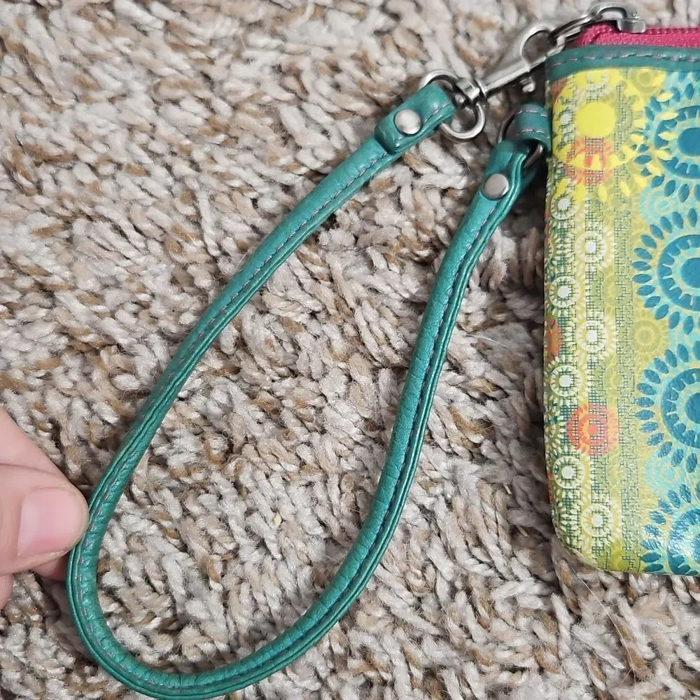 Fossil Pink & Green Boho Chic Zip Wristlet Clutch